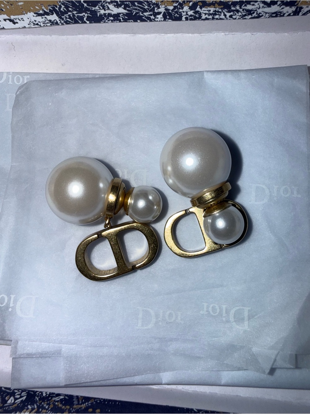 Pearl Designer Inspired Earrings Gold Tone Double Pearl Studs